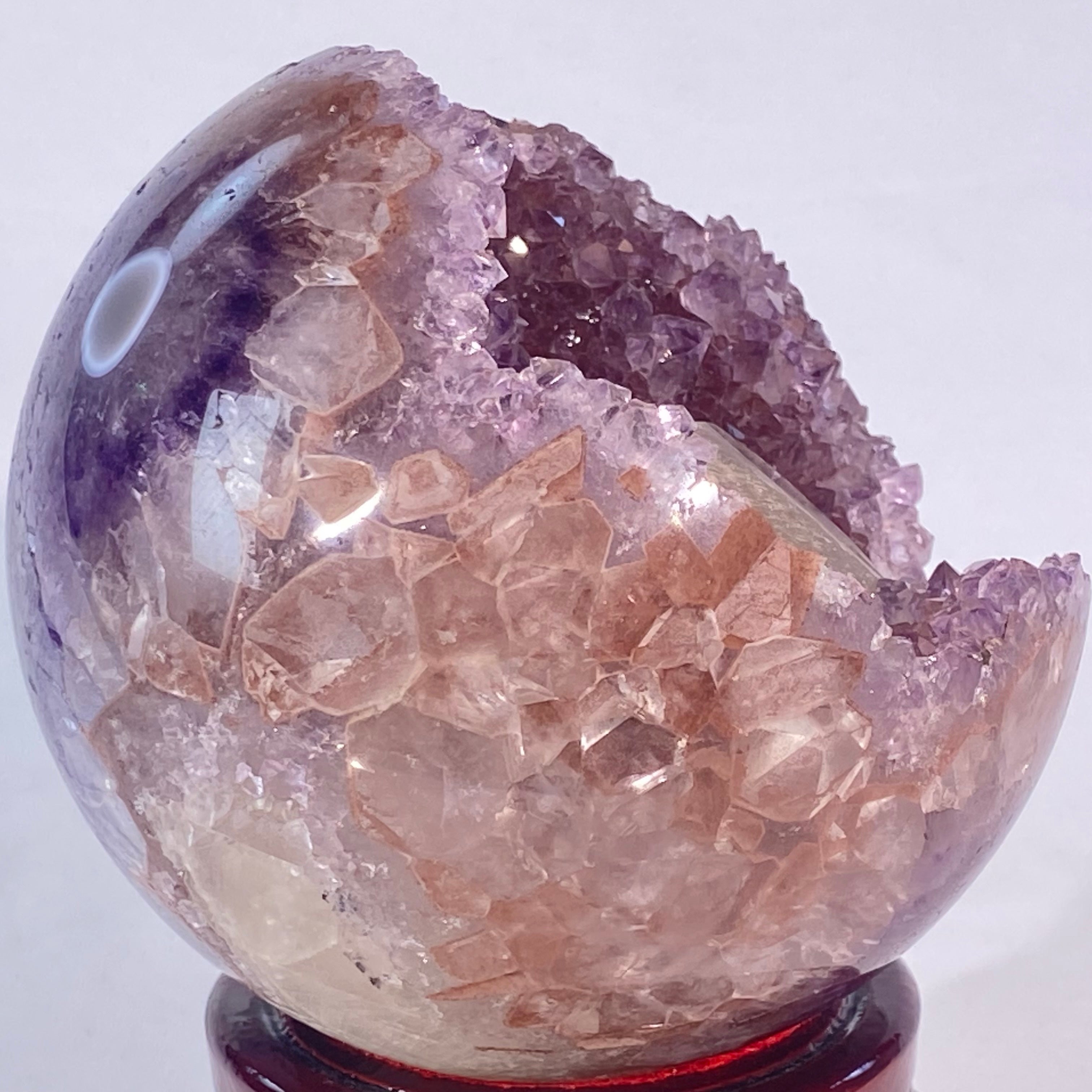極品天然瑪瑙紫紅晶大方解石共生全拋透光開口笑晶球